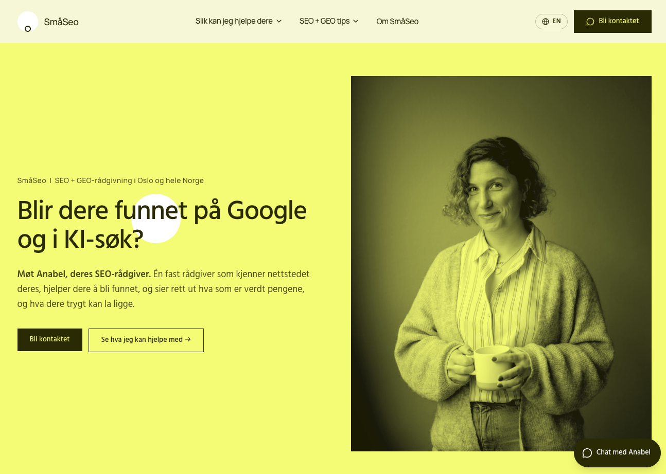 The SmåSeo homepage with a yellow background and a portrait of Anabel Hafstad.