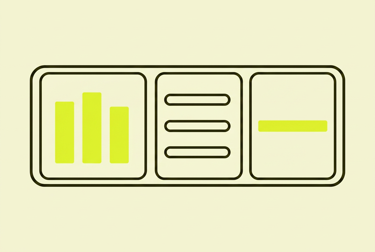 Outlined dashboard-ramme delt i tre felt: en chartreuse-fylt graf, en outlined liste og en liten gulfylt URL-boks.