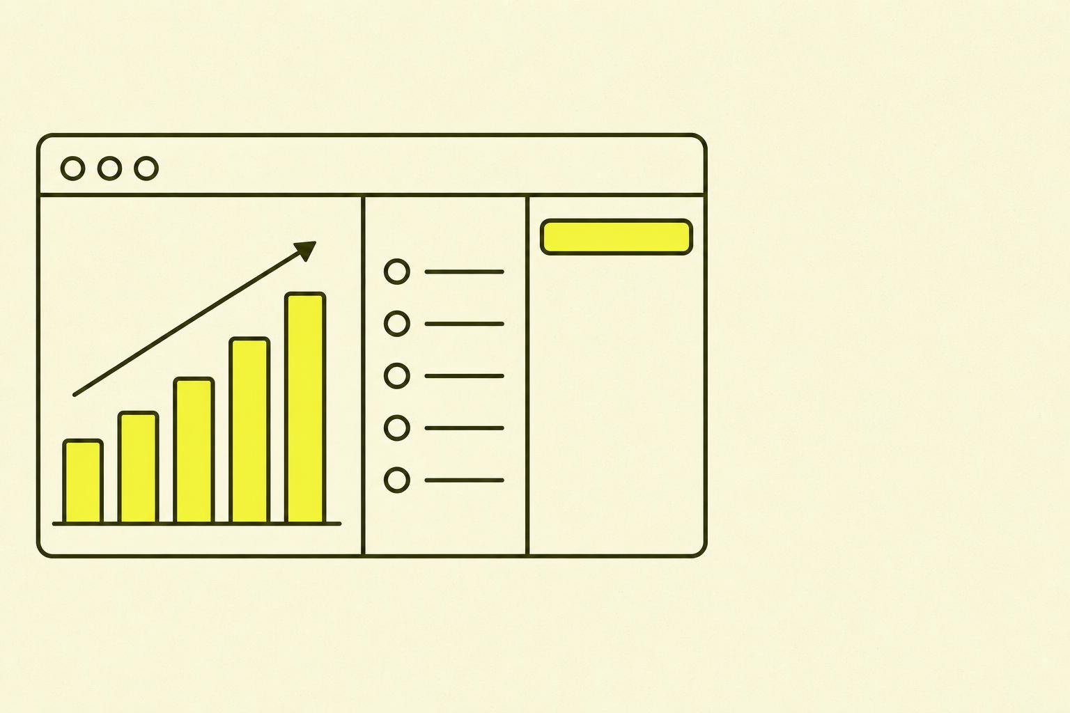 Flat editorial illustrasjon: outlined dashboard-ramme med tre stablete linjer og en chartreuse-fylt graf-stolpe som stiger mot høyre.
