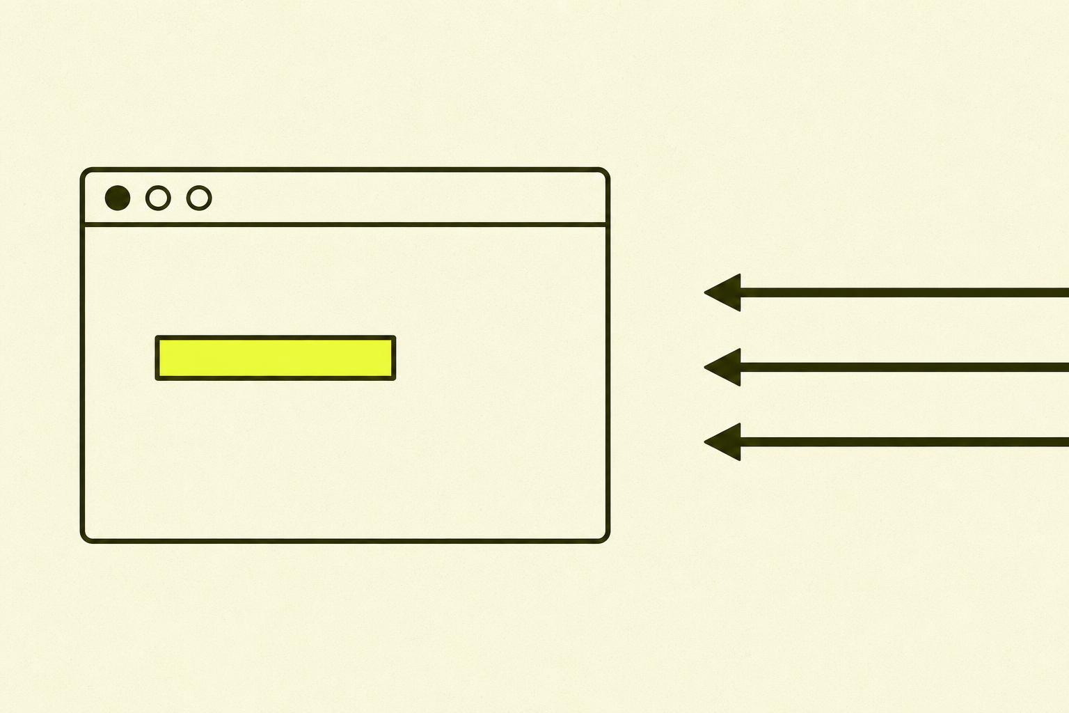 Flat editorial illustrasjon: ordet SEO i store outline-bokstaver på kremgul bakgrunn, med en chartreuse-pil som peker oppover.