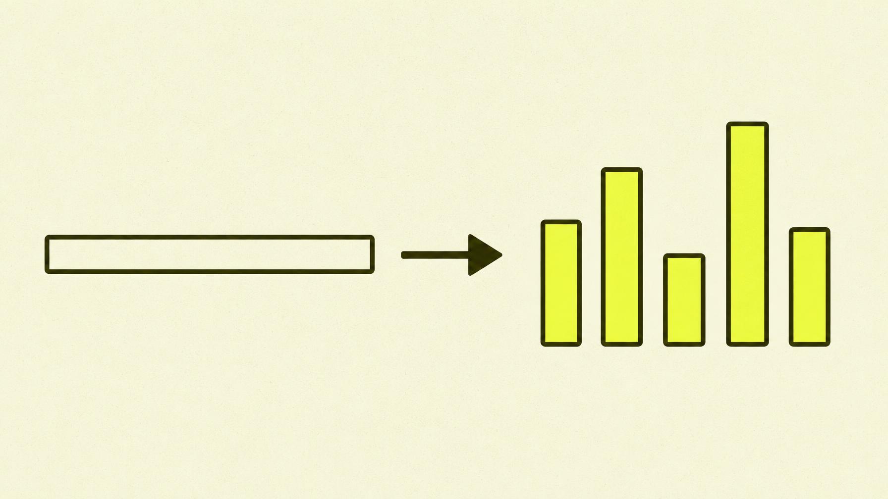 Flat editorial illustration: a long outlined horizontal bar on the left (a broad keyword) and five shorter chartreuse-filled bars of varying lengths on the right. A bold ink arrow points from the long bar towards the short bars.
