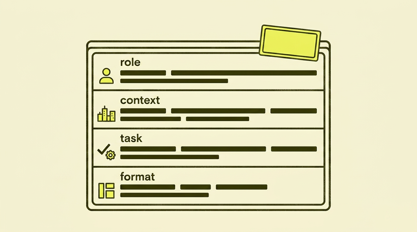 Outlined prompt-mal delt i fire felt merket rolle, kontekst, oppgave og format, med en gul stempel-tag i hjørnet.