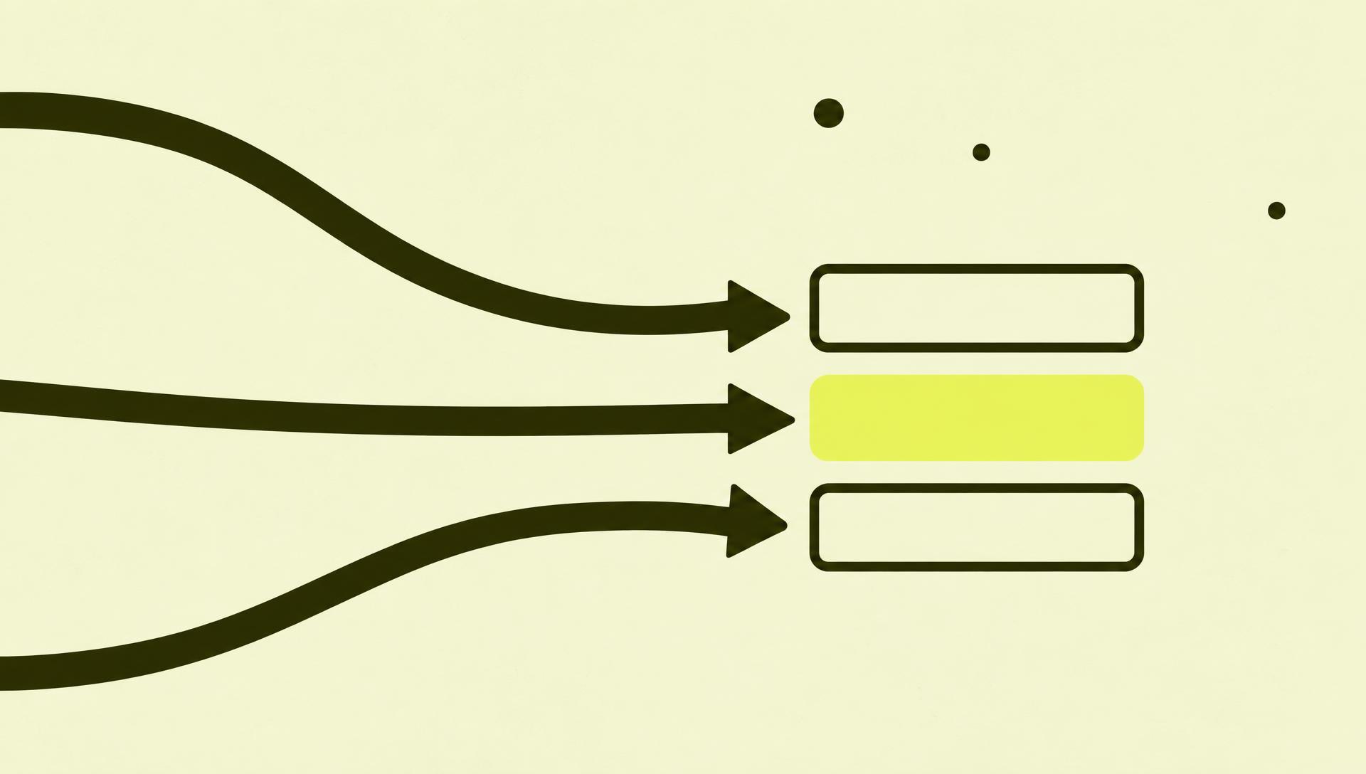 Flat editorial illustrasjon: flere ink-piler kommer inn fra venstre kant og møter tre outlined bokser, mens én chartreuse-fylt boks til høyre er markert som valgt kilde.