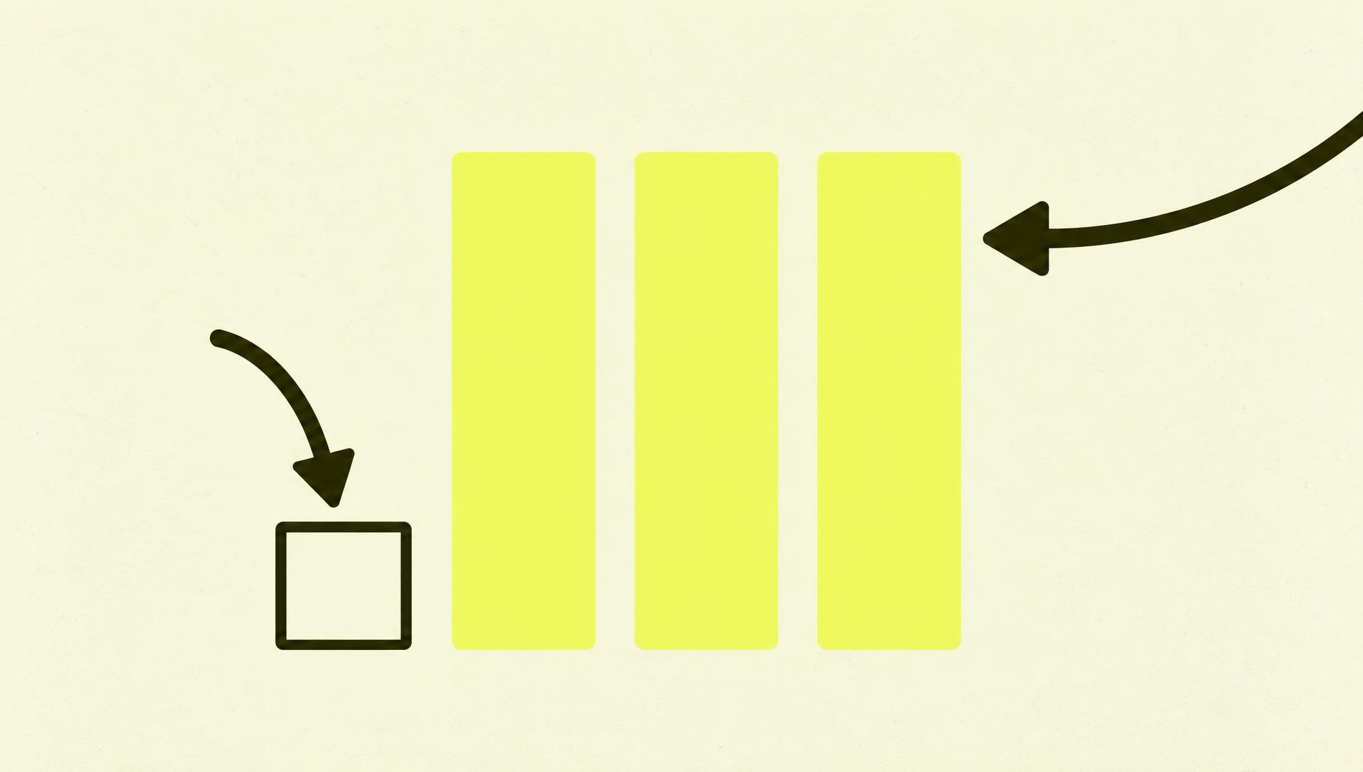 Flat editorial illustrasjon: én outlined søyle faller nedover mens tre chartreuse-fylte søyler ved siden av står stabilt, med en ink-pil som peker på de tre.