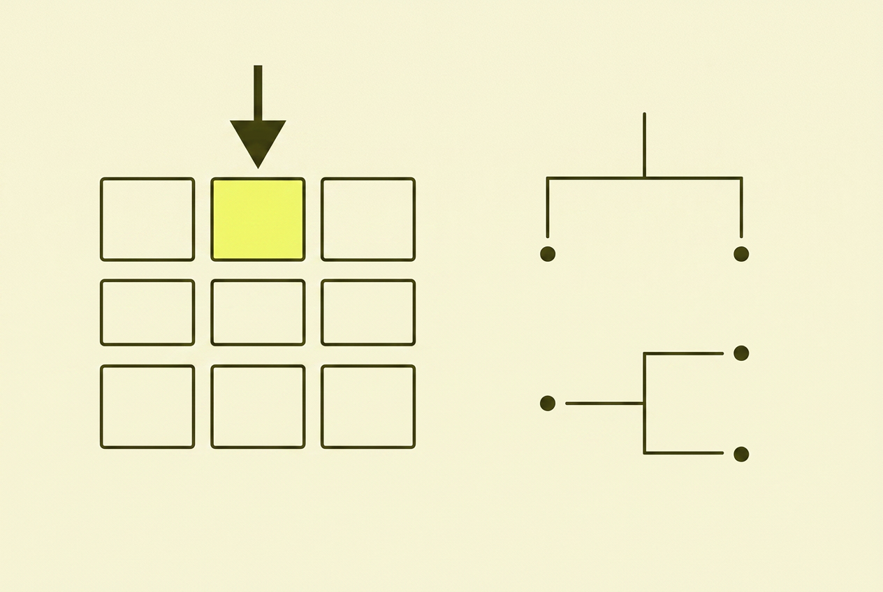 Outlined produkt-rutenett med et chartreuse-pil-ikon over en av rammene — et lite outlined diagram til høyre.