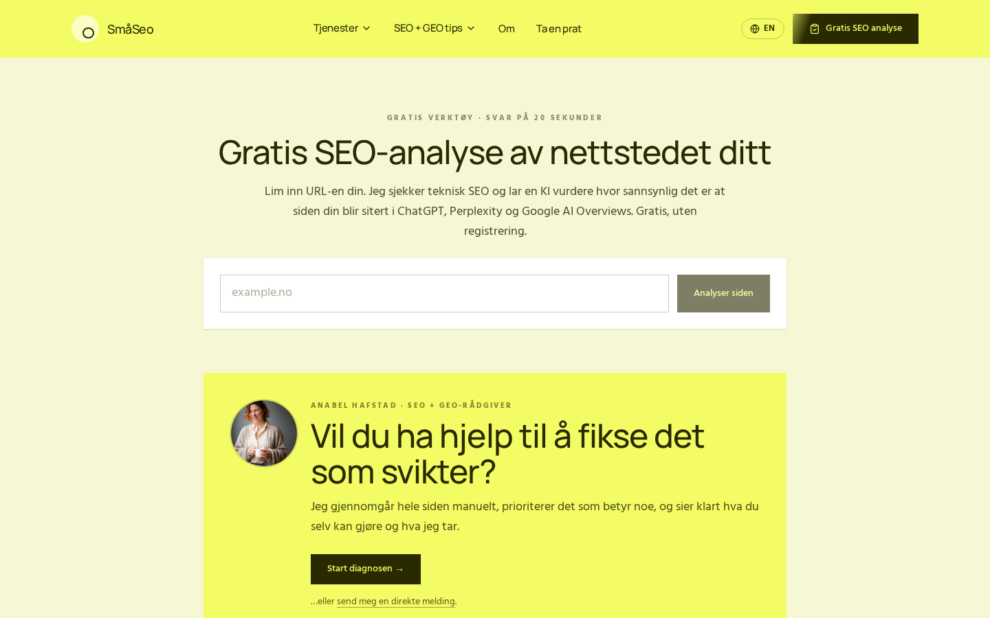 Gratis SEO-analyse på smaaseo.com: ett URL-felt og knappen «Analyser siden».
