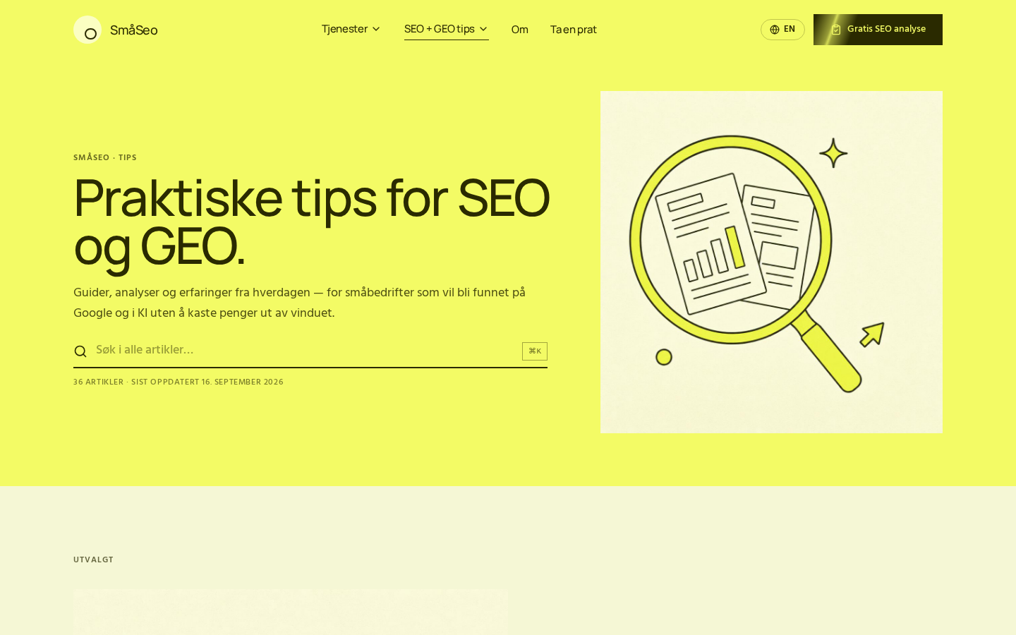 Tips-forsiden på smaaseo.com med søkefelt og teller som viser 36 artikler.