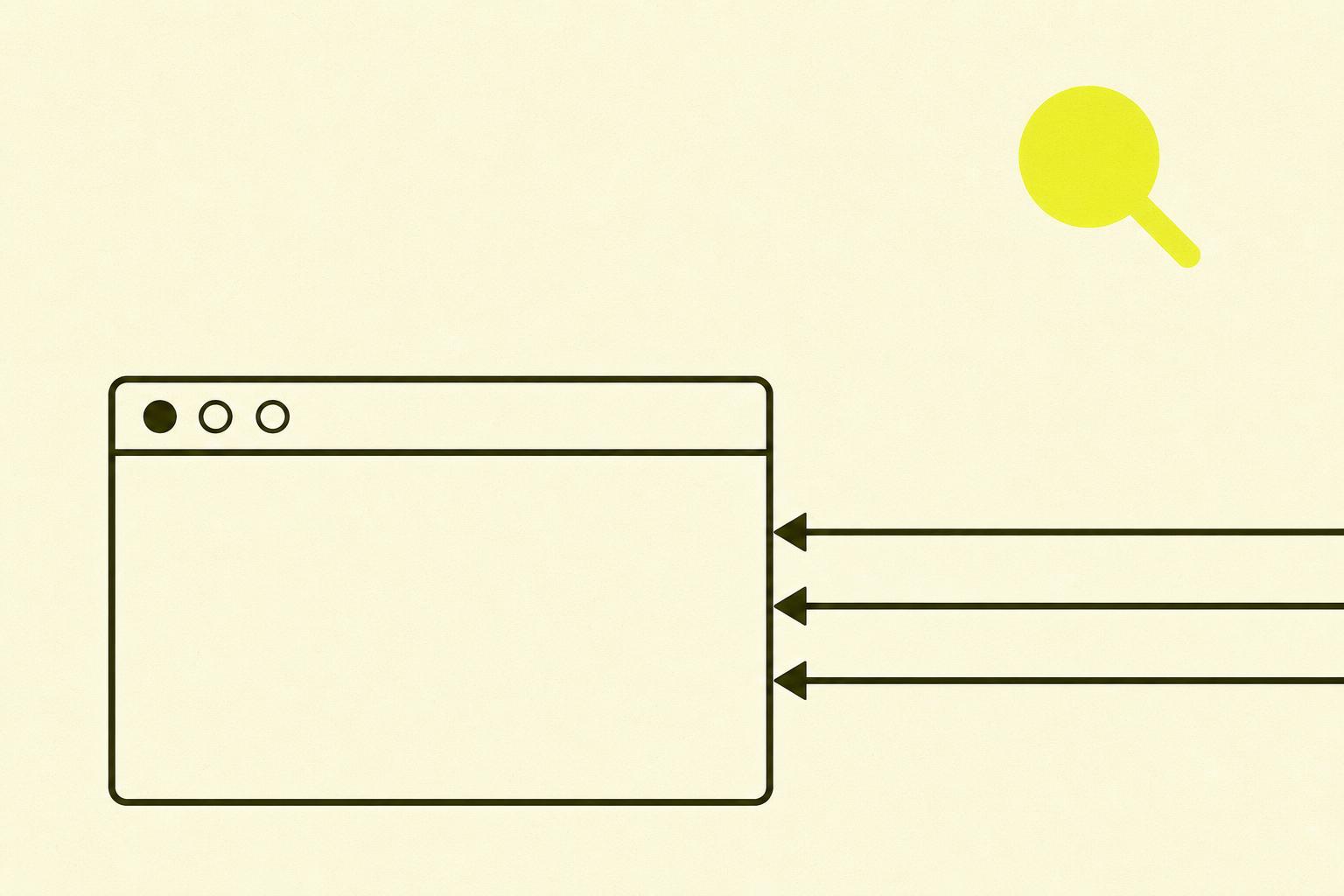 Flat editorial illustration: an empty, outlined browser with three parallel ink arrows coming in from the right, and a chartreuse-filled magnifying circle floating in the upper right.