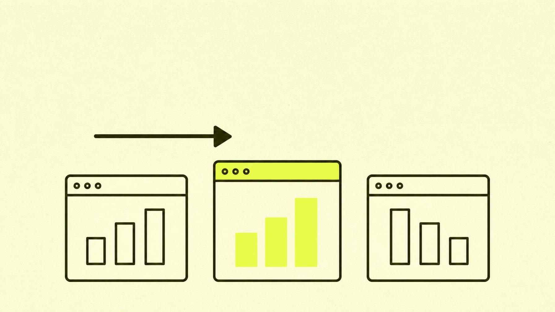 Three outlined browser frames in a row, the one in the middle is larger and has a chartreuse-filled bar at the top. A bold ink arrow points from left to right across the frames.