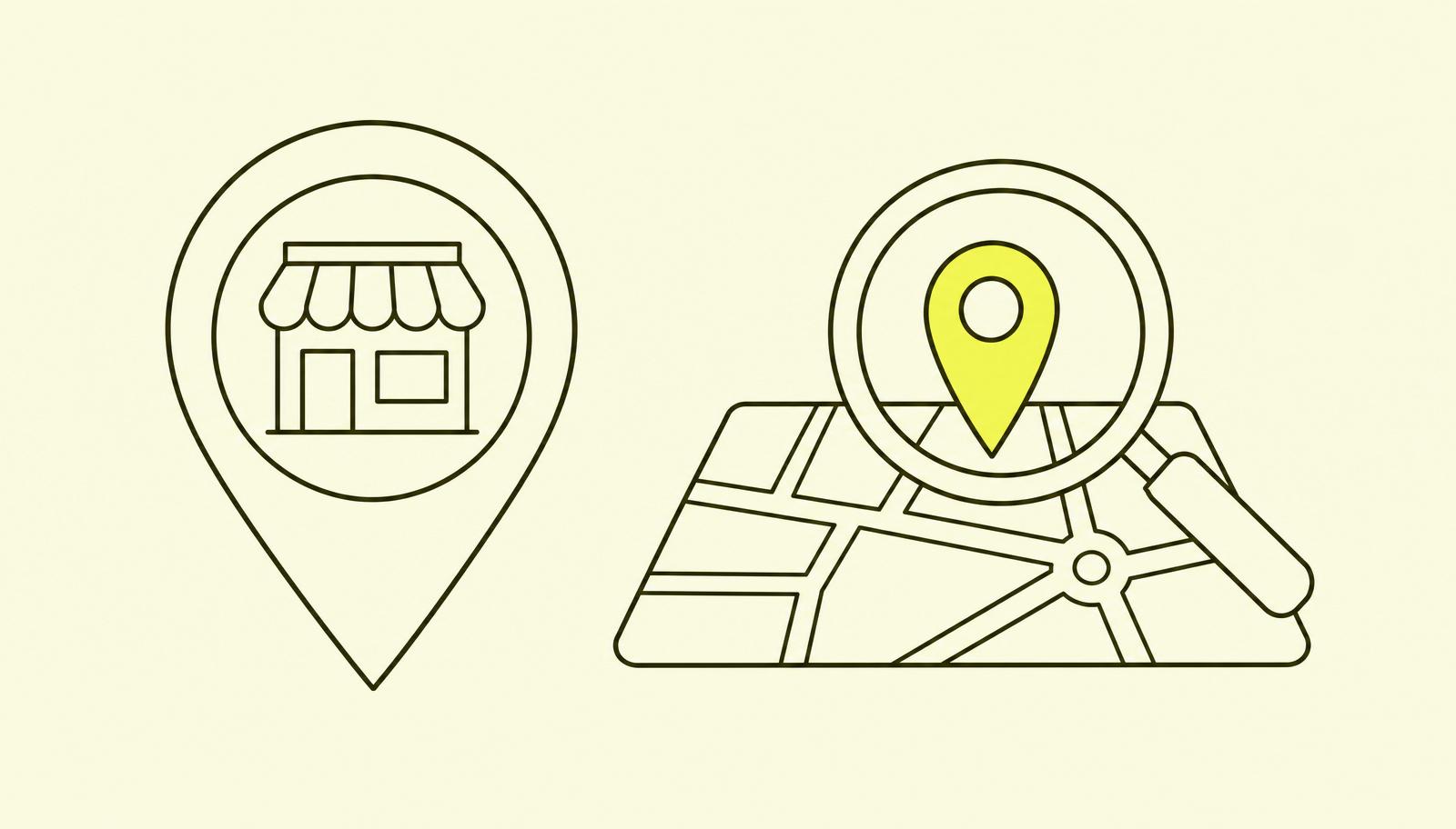 Flat editorial illustrasjon: outlined kart-pin med et lite butikk-omriss inni, ved siden av et forstørrelsesglass over en gulfylt lokasjonsmarkør på et abstrahert kart.