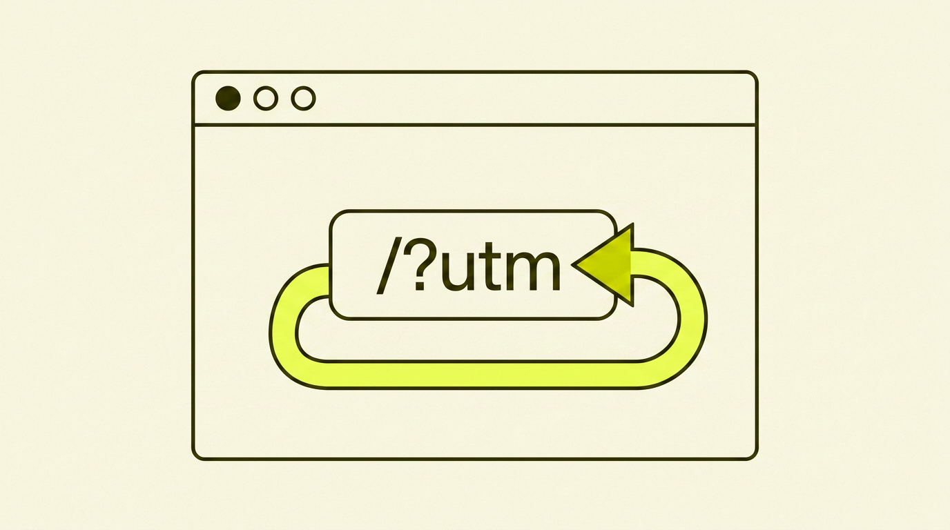 Outlined nettleser-ramme med en URL-linje som viser sti med ?utm-parameter, og en gulfylt pil som peker fra URL-en tilbake til seg selv uten parameteren, illustrerende self-referencing canonical.