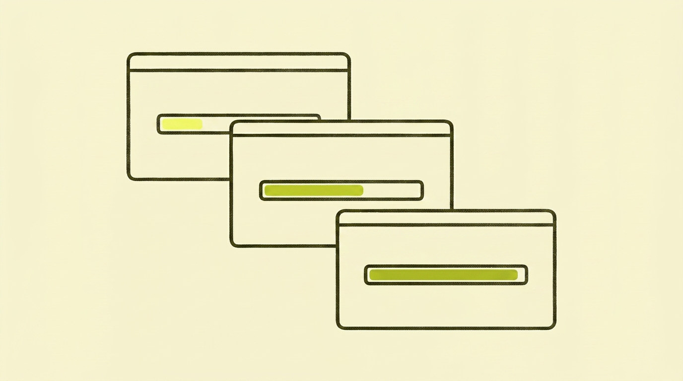 Three outlined browser windows stacked in a diagonal cascade, each with a yellow-filled progress indicator of different lengths.