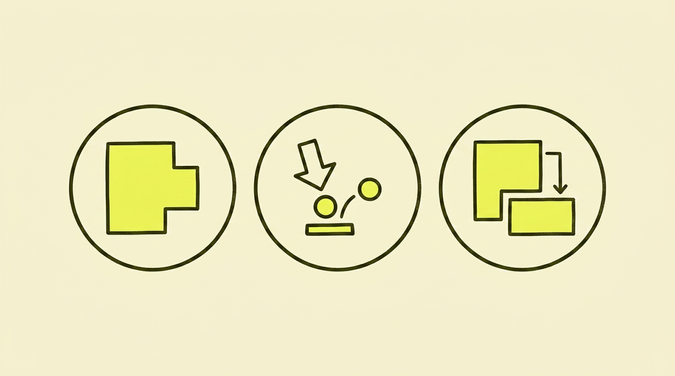 Three outlined circles in a horizontal line, each with a distinct abstract symbol: a large yellow-filled block (LCP), a small arrow sign (INP), and two offset rectangles (CLS).