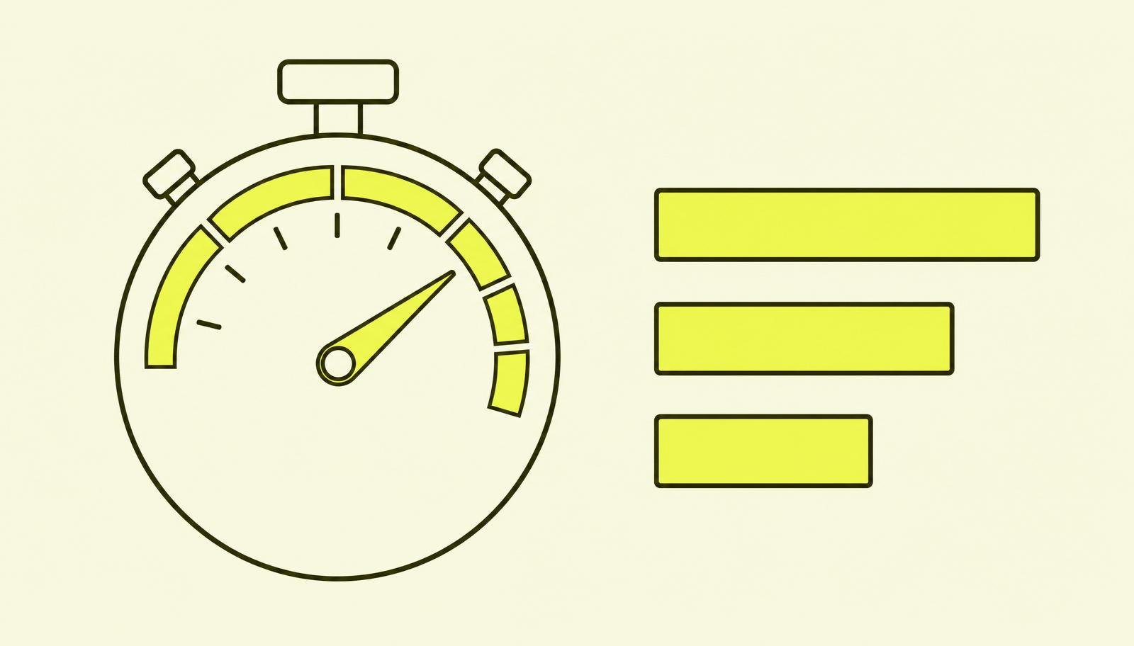 Flat editorial illustration: an outlined stopwatch with a yellow-filled hand in the 'fast' zone, next to three yellow-filled horizontal bars representing performance metrics.
