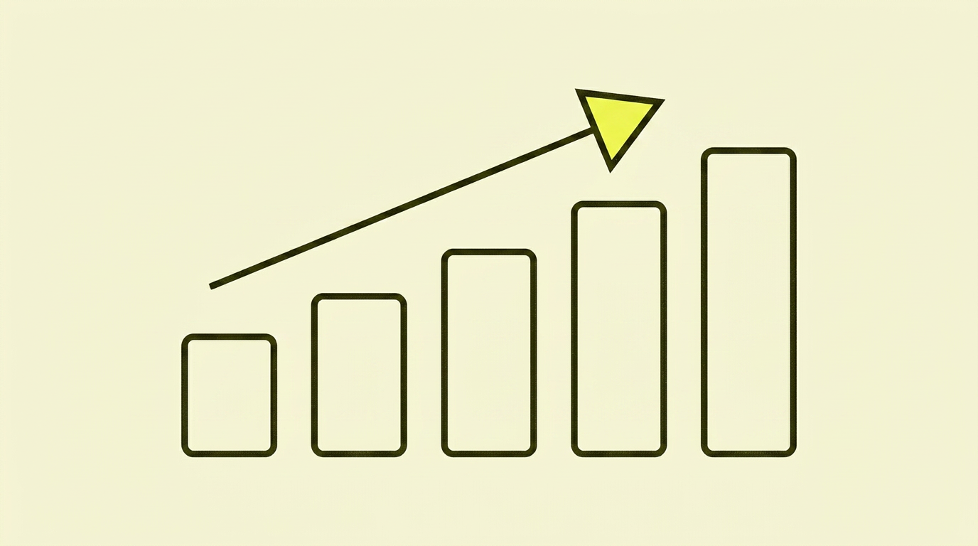 Four outlined frames in a row labelled shared, VPS, cloud, and dedicated, with a yellow filled arrow rising from left to right to indicate increasing performance and complexity.