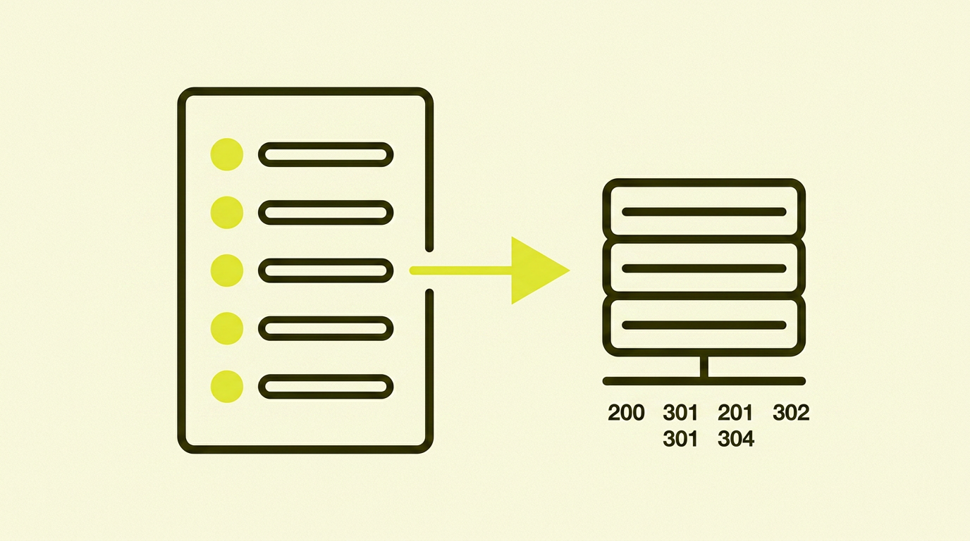 An outlined checklist with five short lines, each with a yellow filled checkmark in front, next to an outlined server icon.