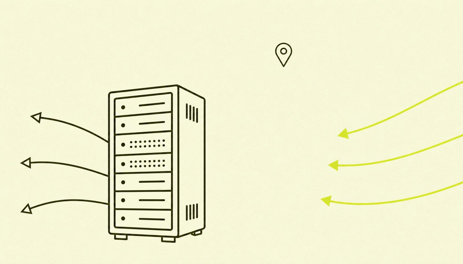 Flat editorial illustration: an outlined server rack with yellow filled arrows representing requests in and out, with a small map outline suggesting geographical location.