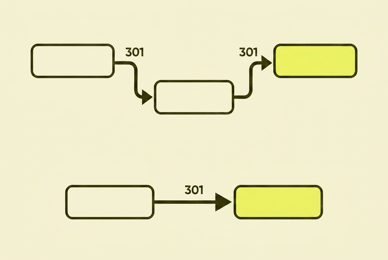 Three URL boxes connected in a chain by 301 arrows — A to B to C — weakening along the way, compared with one direct 301 arrow from A to C.