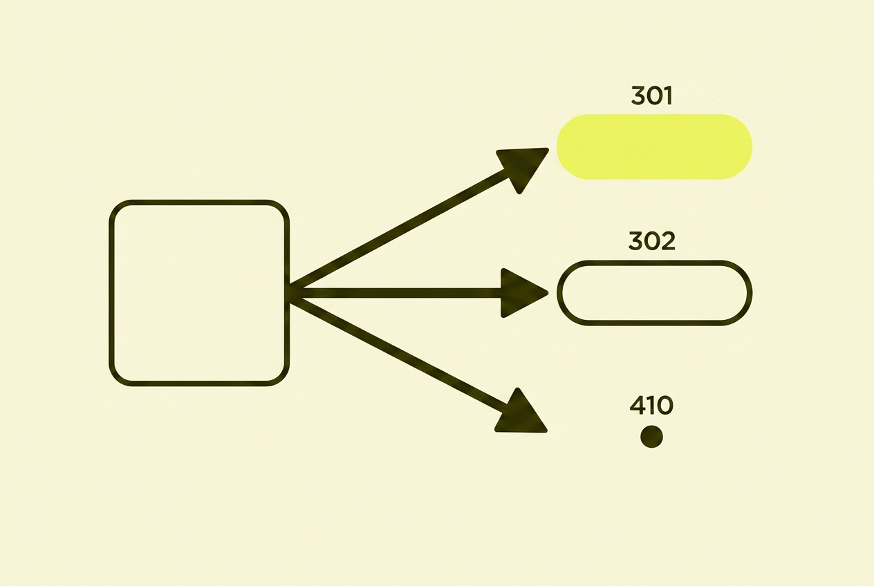 Decision tree: one starting box with three arrows out to codes 301, 302 and 410, labelled permanent, temporary and gone for good.