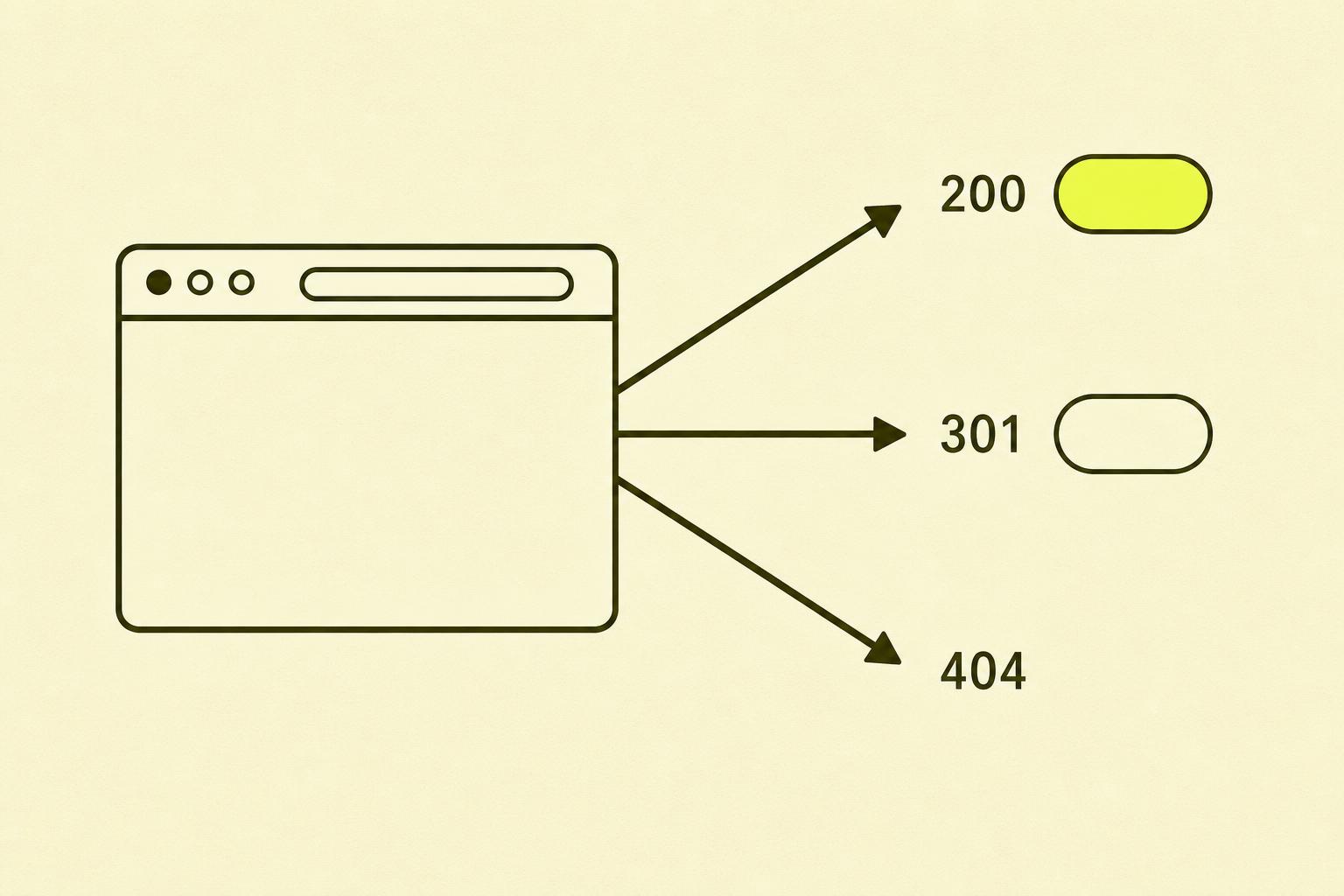 Flat illustration of a browser with three arrows leading out to the status codes 200, 301 and 404.
