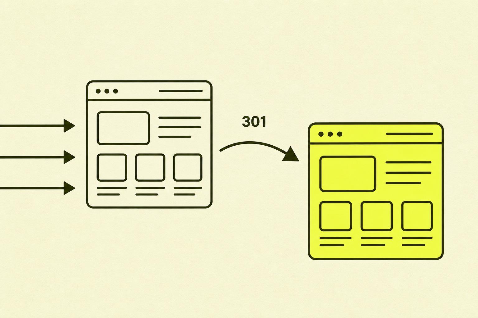 Flat editorial illustration: an outlined old website and a chartreuse-filled new website, connected by a 301 arrow with inbound links from the left edge.