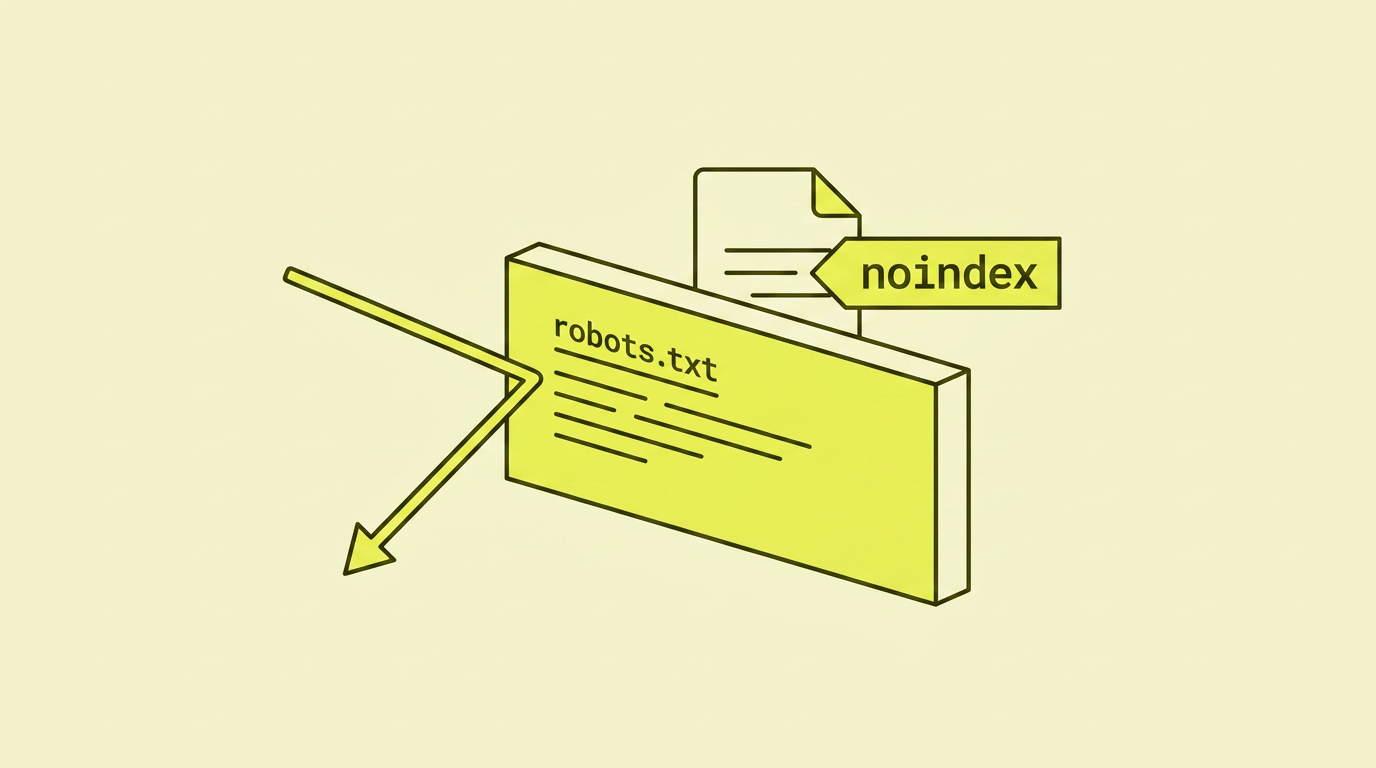 Outlined webside med en gul robots.txt-barriere foran, og bak barrieren et outlined dokument med noindex-tag. En pil bommer på barrieren.