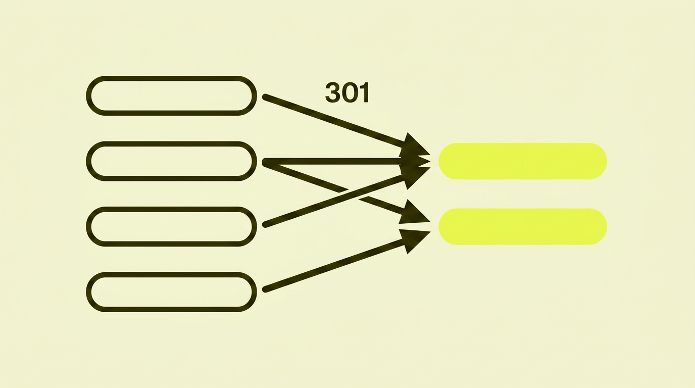 Fire outlined URL-bokser til venstre kobles via bold ink-piler til to chartreuse-fylte URL-bokser til høyre — 301-label flyter i midten.