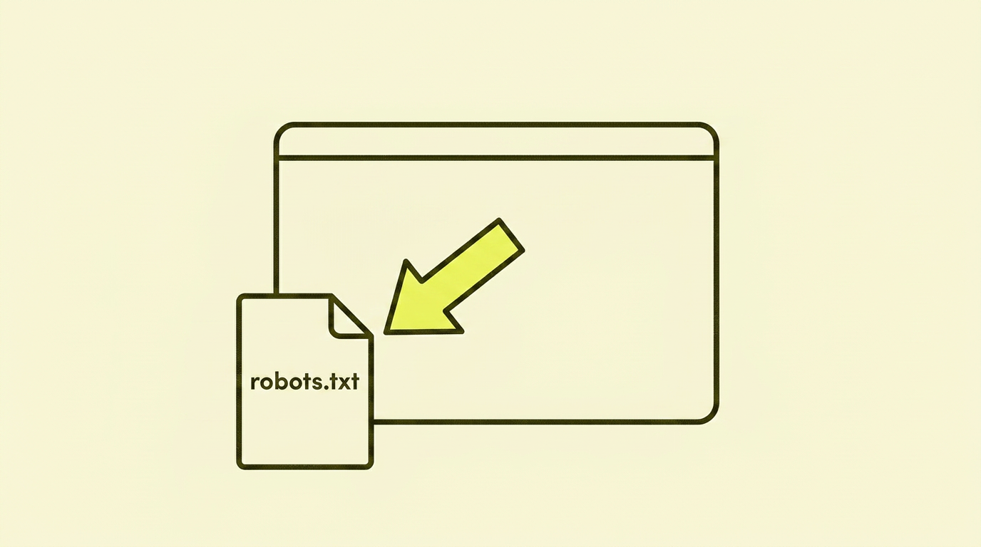 Outlined dokument merket «robots.txt» plassert på rota av en outlined nettside-ramme, med en gulfylt pil som peker fra domenet ned til filen.