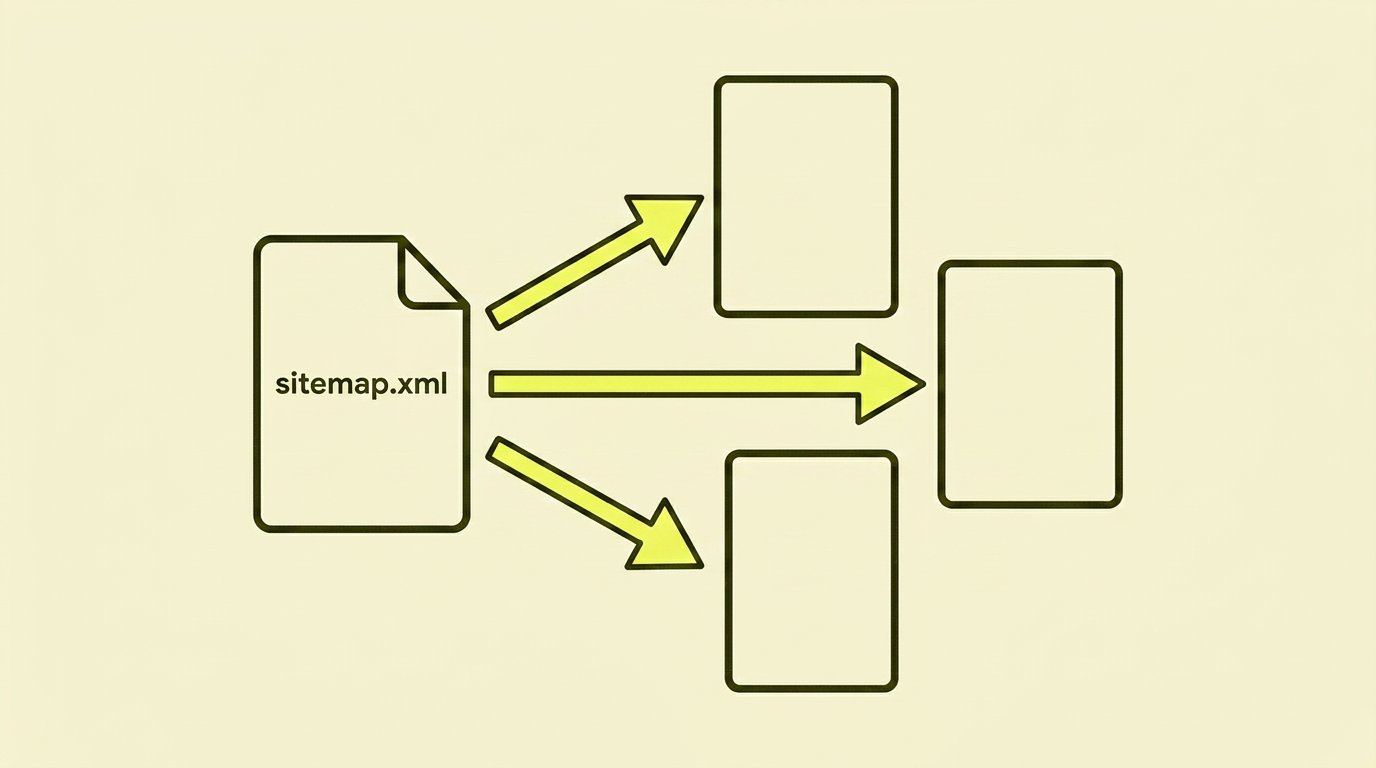 An outlined document labelled sitemap.xml with three yellow-filled arrows pointing out to three outlined page shapes, all on a flat cream background.