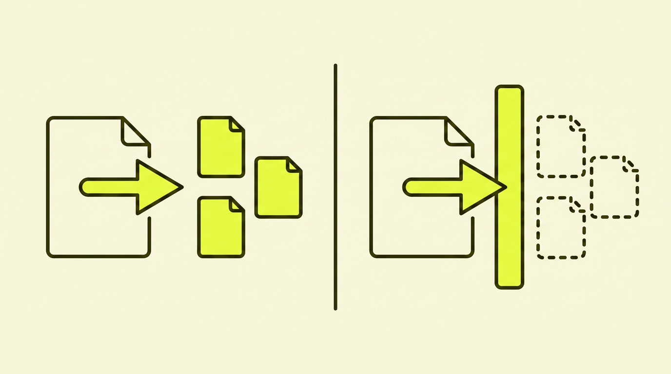 Two-part composition: the left shows an outlined sitemap file with yellow-filled page pieces passing through; the right shows the same file with outlined page pieces marked 404 and noindex being stopped by a yellow barrier.