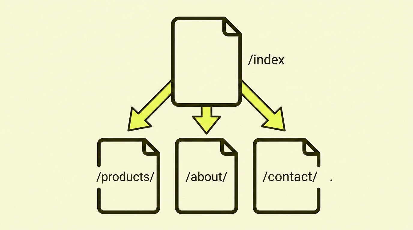 An outlined sitemap index shape with three yellow-filled arrows pointing down to three outlined sitemap files labelled products, articles, and categories.