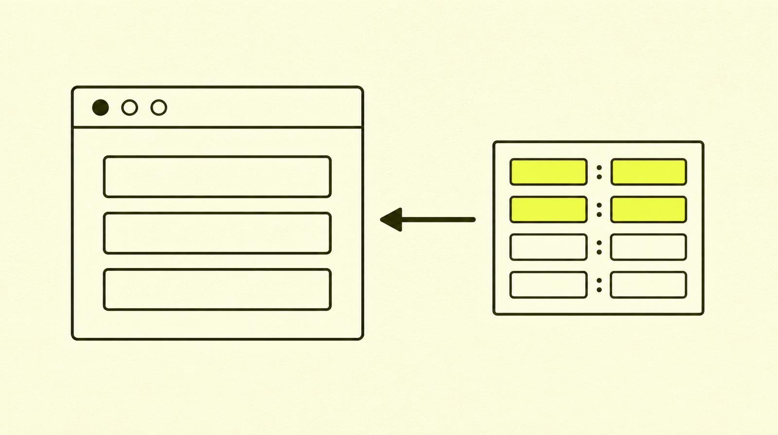 Flat editorial illustrasjon: en outlinet nettside med et lite JSON-vindu ved siden av — nøkkelverdi-par vises som outlinede og chartreuse-fylte bar-par, forbundet med en bold pil til nettsiden.
