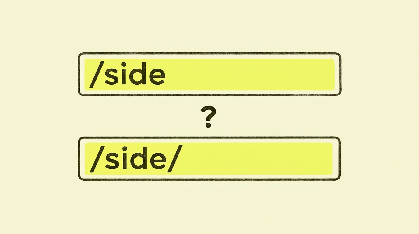 To URL-bokser stablet — /side øverst og /side/ nederst — med et lite spørsmålstegn mellom.