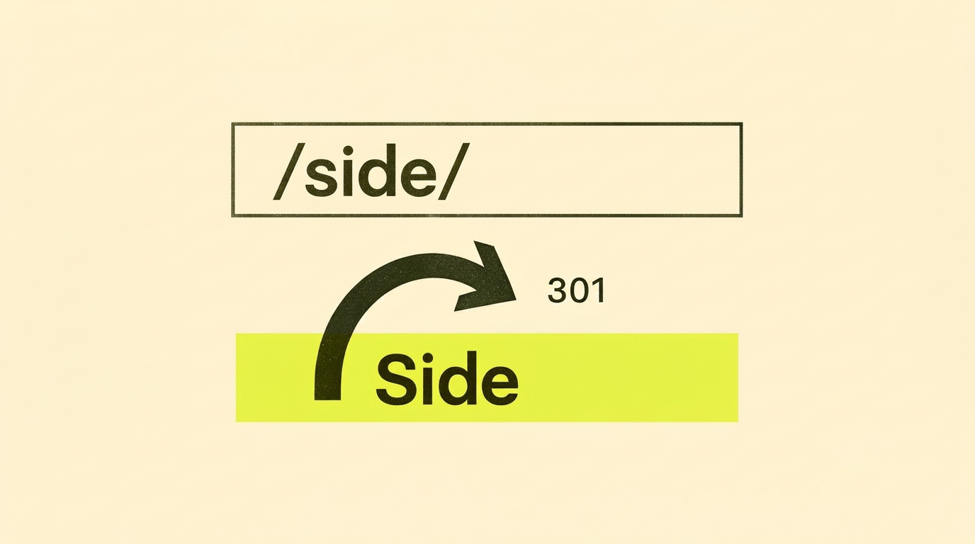 En 301-pil som peker fra /side/ ned til /side — visualiserer en permanent redirect.