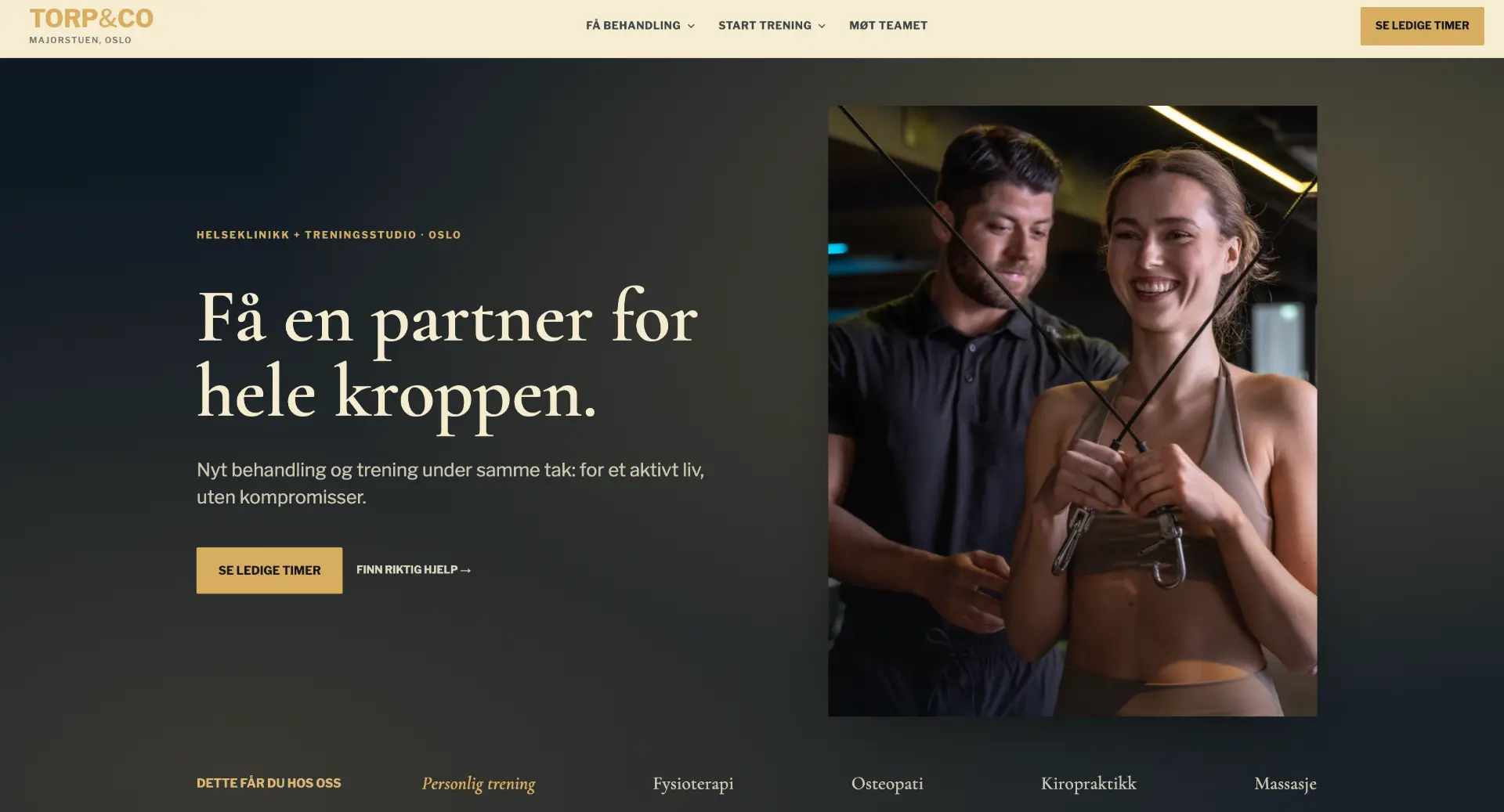 Ny Torp&Co-forside: cream bakgrunn, gull-logo, stor overskrift og et team-foto av terapeut og klient.