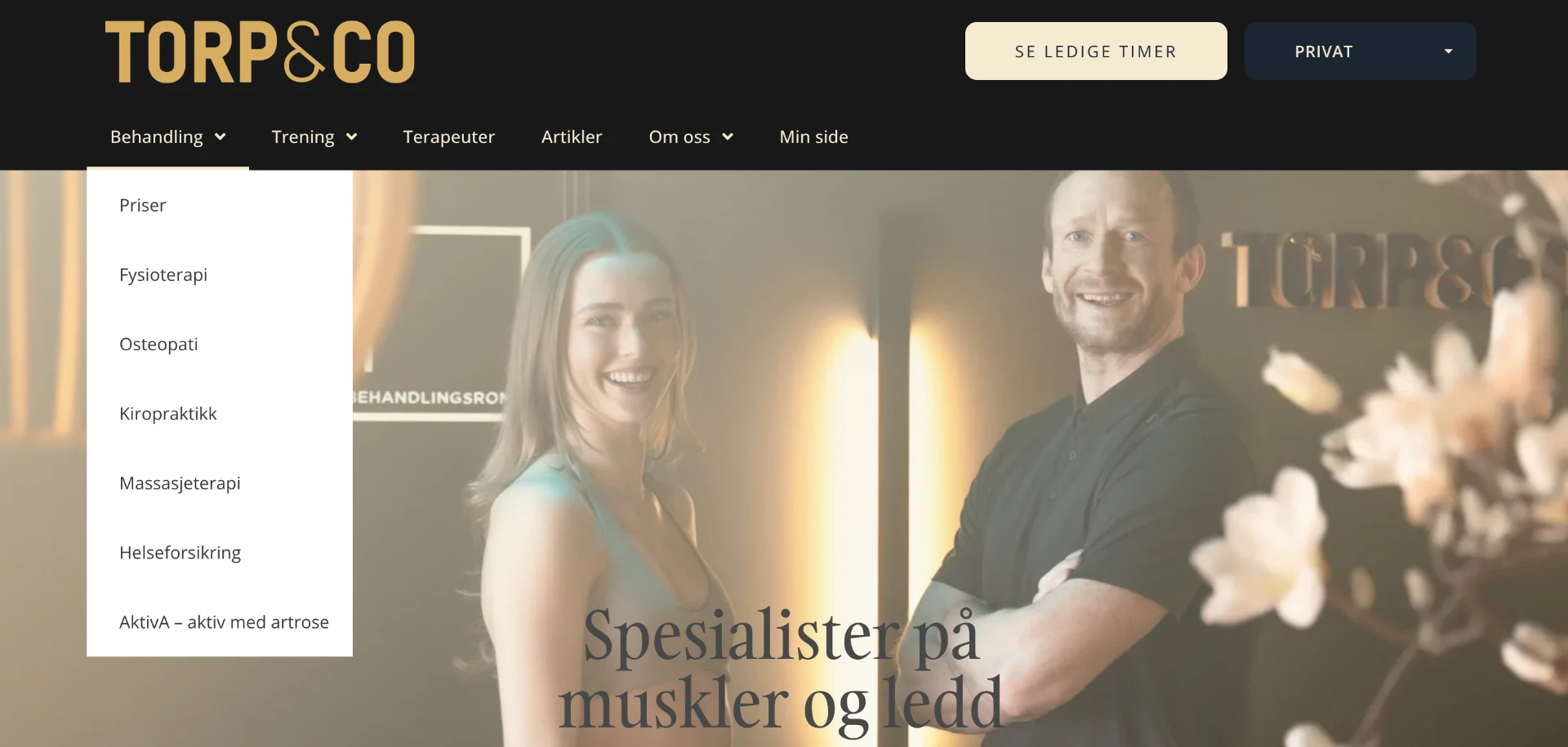 Torp&Cos gamle hjemmeside med mørk NAV, turkise elementer og en dropdown-meny som lister opp behandlingstyper.