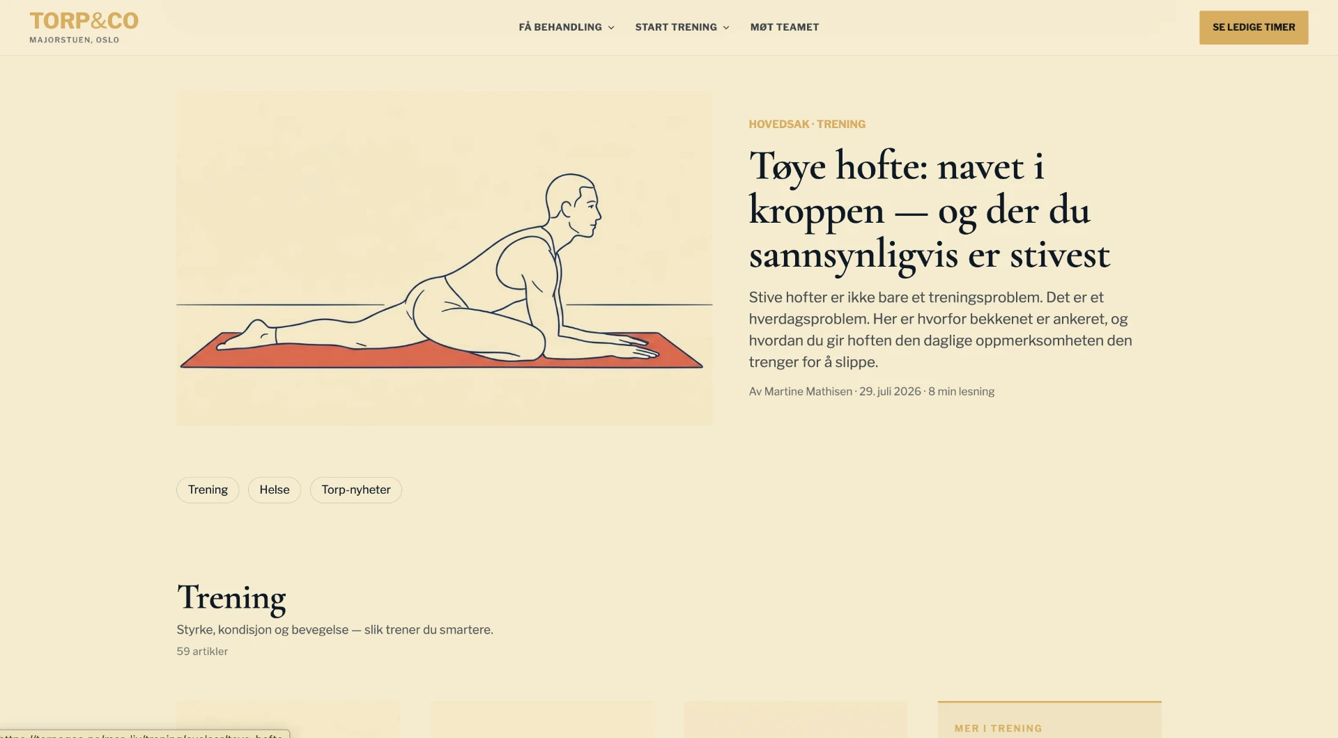 Nytt magasin med hovedsak øverst («Tøye hofte: navet i kroppen»), egen illustrasjon i cream/orange, kategorifiltre og forfatterlinje.