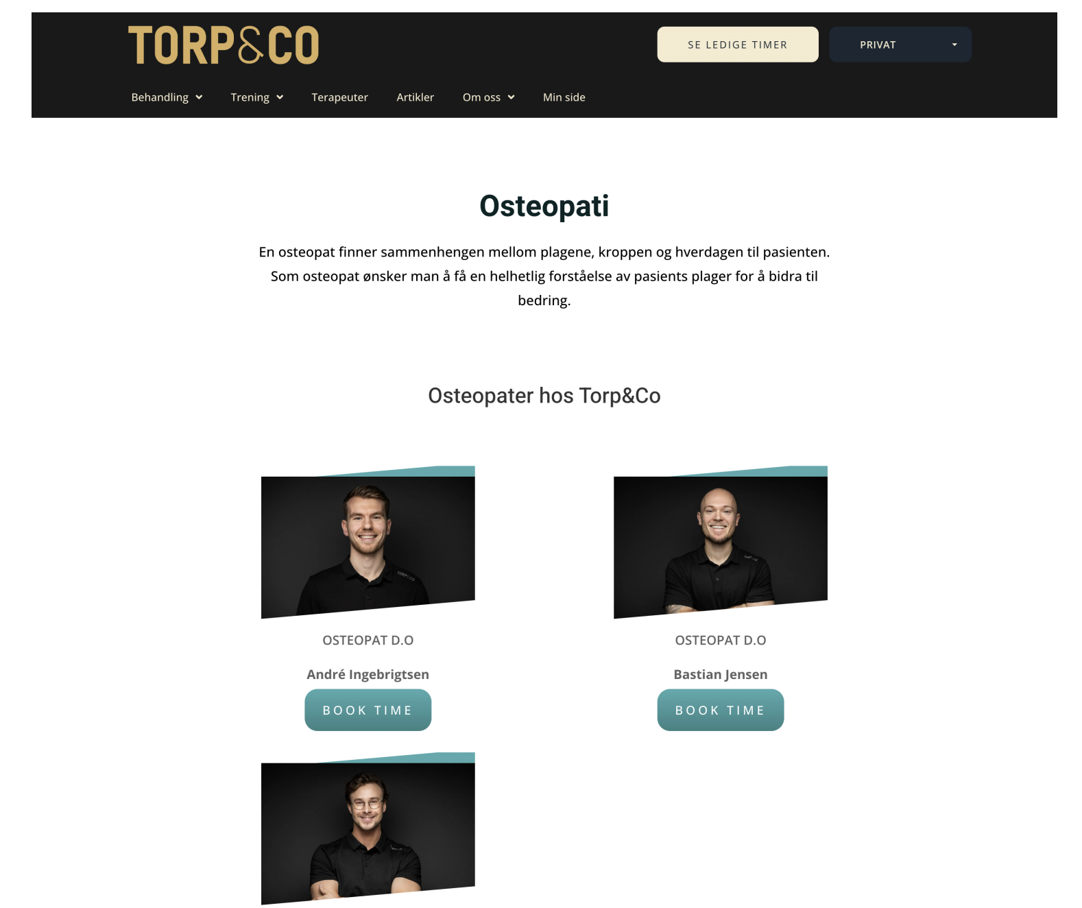 Gammel team-side som kun viser to osteopater med turkis-dekor og «BOOK TIME»-knapper.