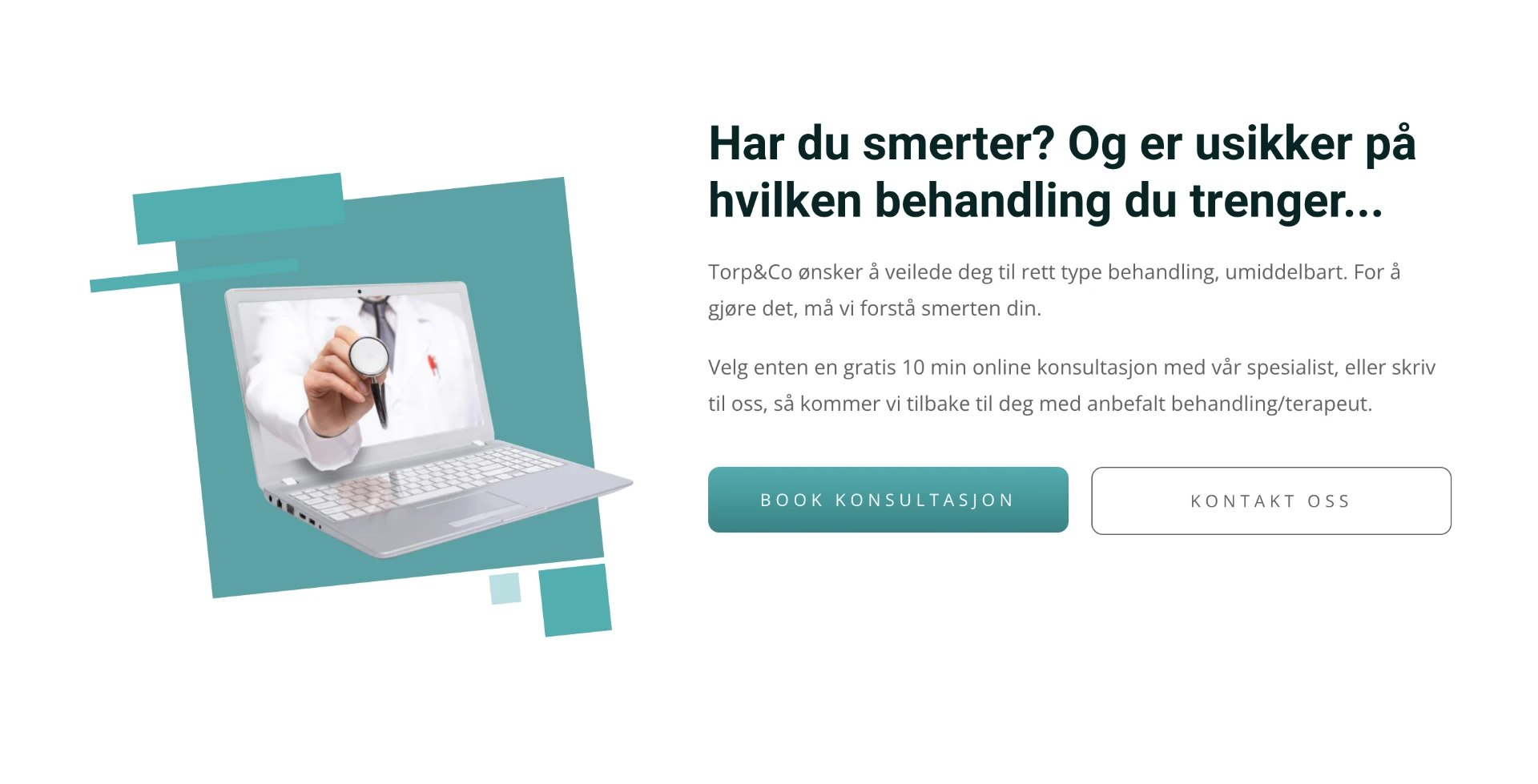 Gammel statisk «Har du smerter?»-seksjon med bilde av en laptop og to knapper: Book konsultasjon og Kontakt oss.