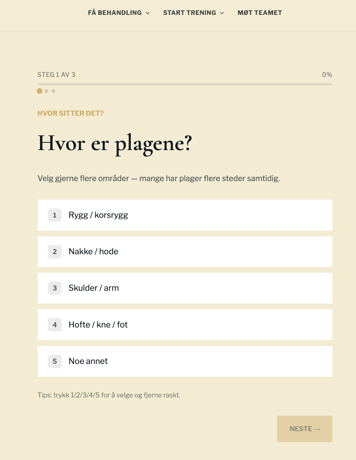 Ny diagnose-funnel: steg 1 av 3, «Hvor er plagene?», med fem valgbare områder (rygg, nakke, skulder, hofte, annet).