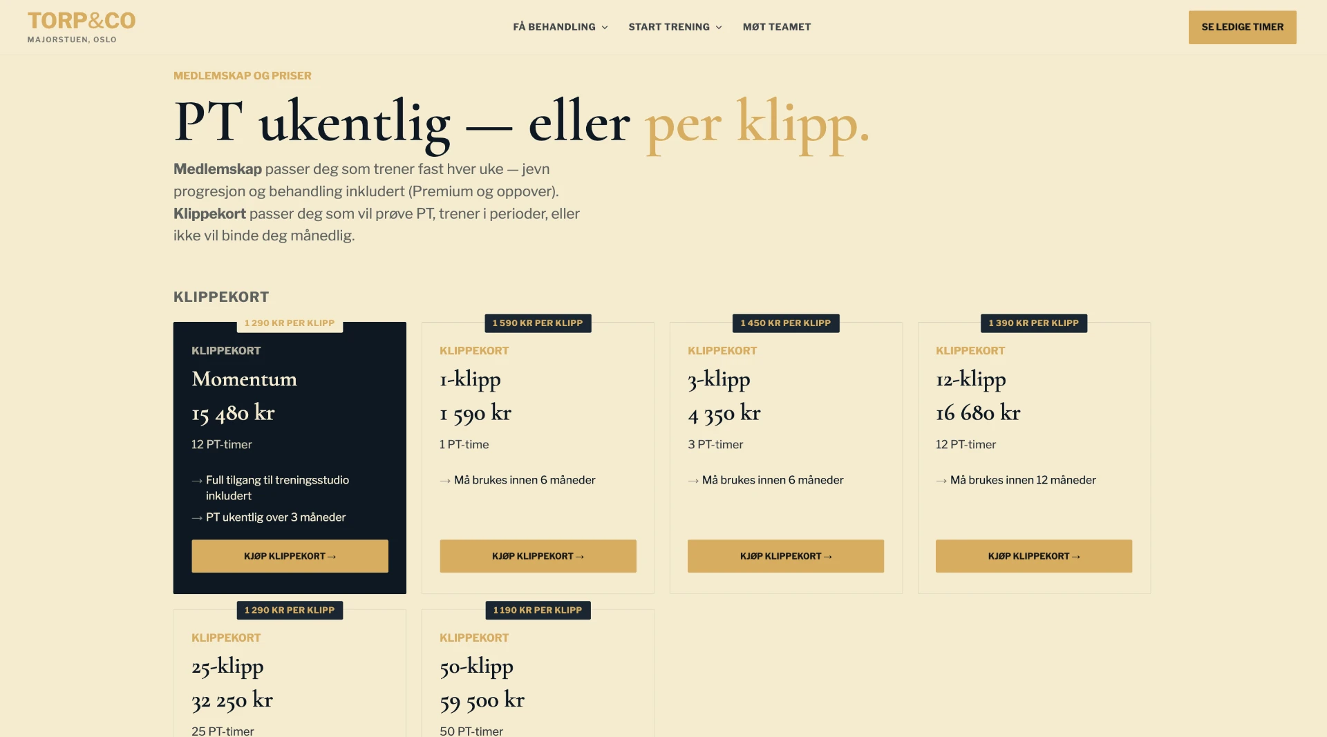 Ny produktside «PT ukentlig — eller per klipp» med klippekort-priser (Momentum, 1-klipp, 3-klipp, 12-klipp) i cream/navy/gull.