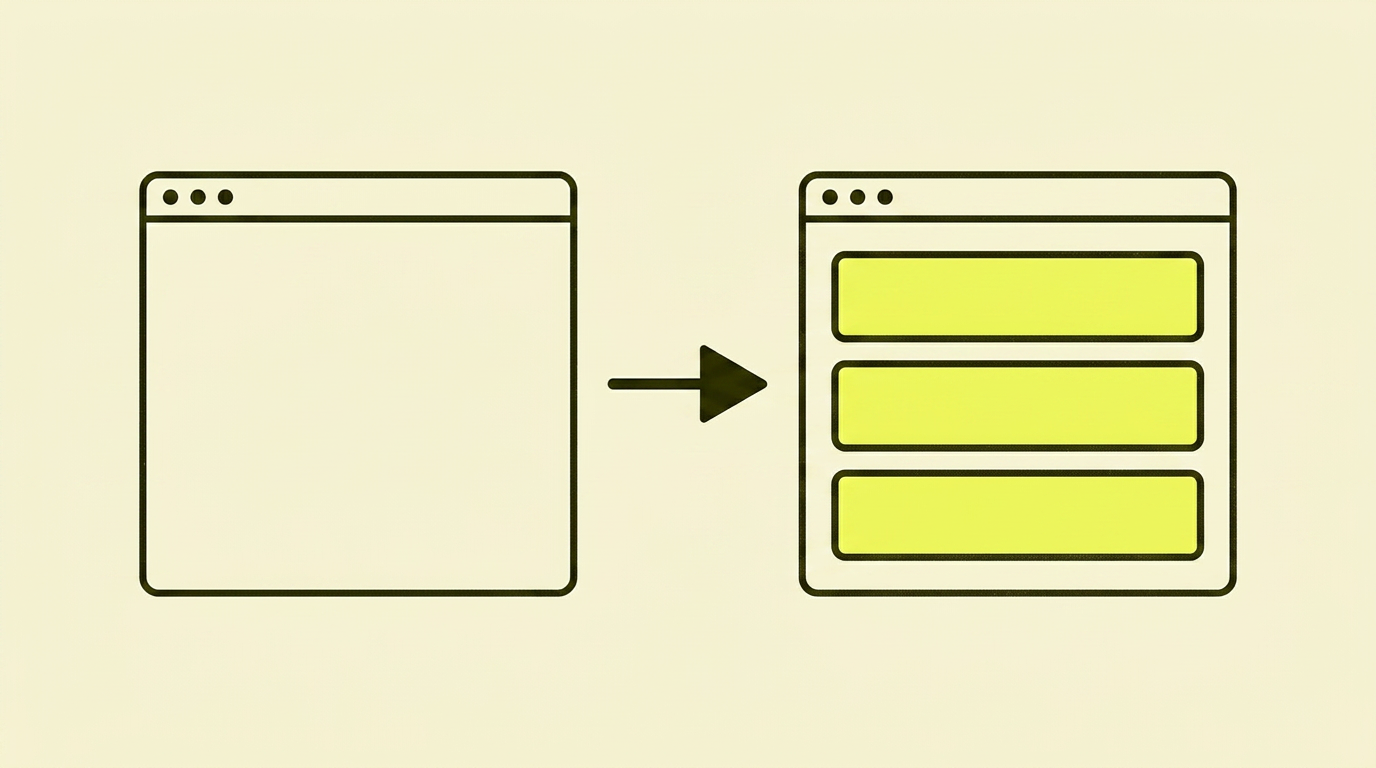 Two browser frames side by side: a blank one on the left, a structured page with content blocks on the right — with an arrow in between.
