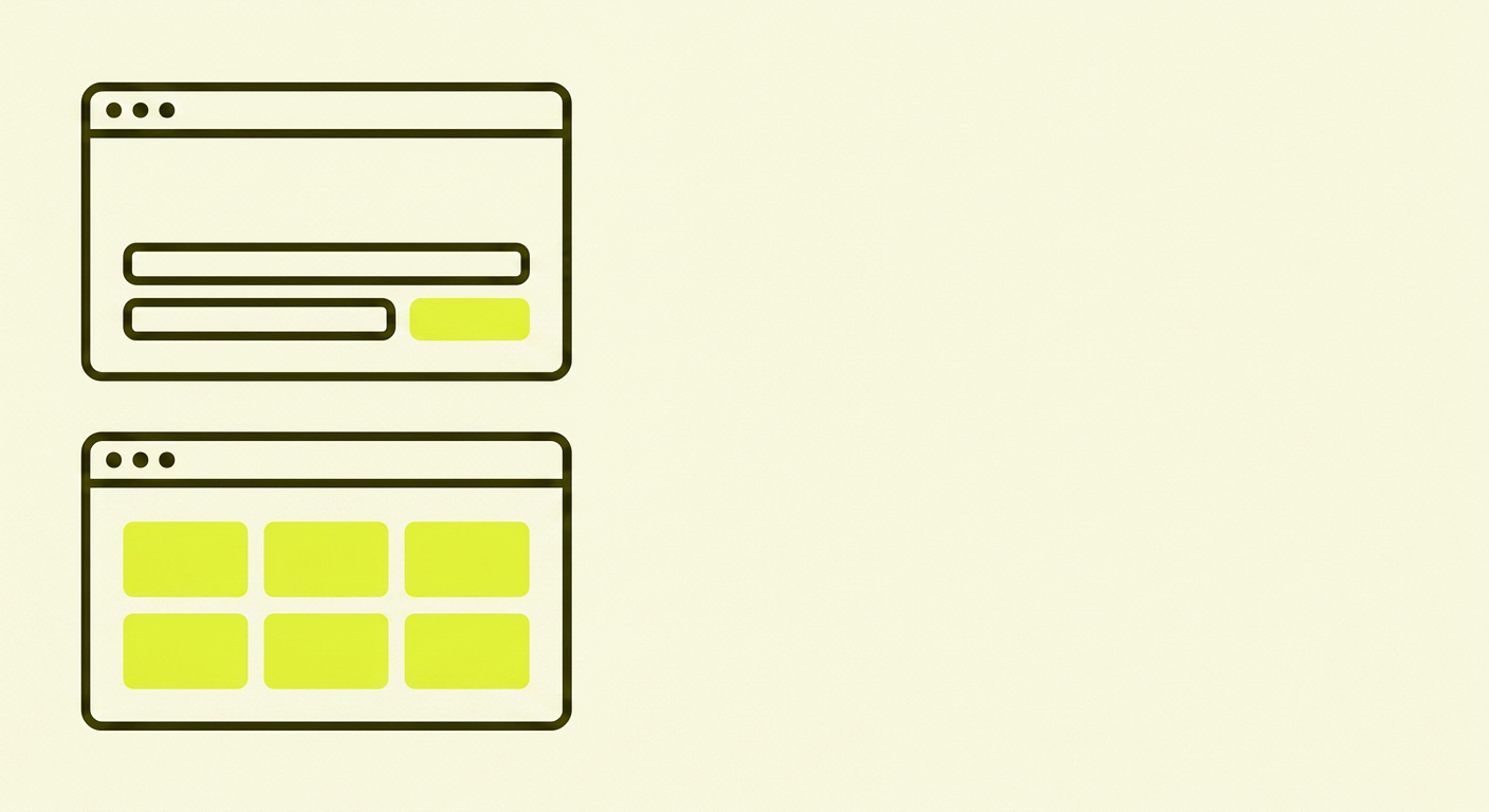 Two stacked browser frames: the top one shows a flexible, open layout; the bottom one shows a rigid template grid.